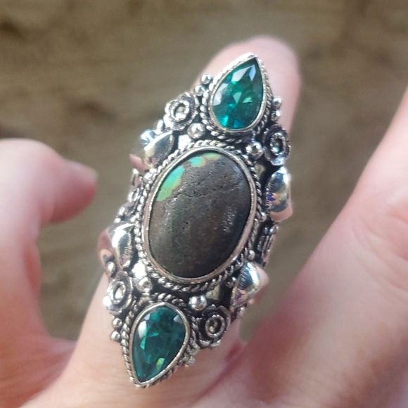 New Turquoise & Diopside 925 Silver Crescent Moon Statement Ring. - Picture 11 of 12